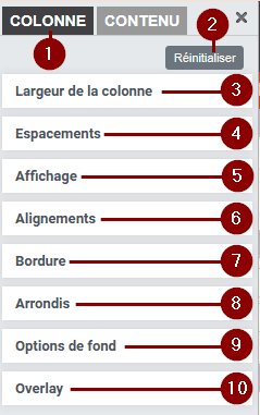 fenêtre des paramètres de colonnes : tous les paramètres