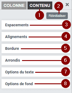 fenêtre des paramètres de contenu de colonnes : tous les paramètres